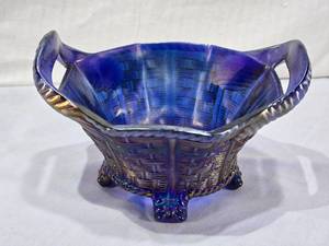 lot 36 image: Vintage Blue Carnival Glass Basket Weave Pattern Footed Bowl