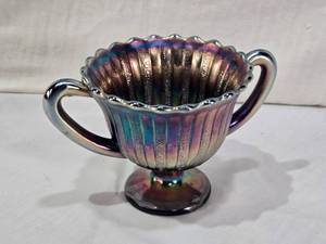 lot 37 image: Iridescent Carnival Glass Sugar Bowl - 3 34 tall