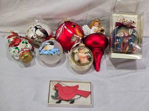 lot 46 image: Lot of Christmas Ornaments including Angel, Cardinal, and 1999 Ornament - Some Handpainted