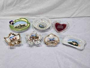 lot 51 image: Souvenir Porcelain Dish Collection with Scenic and Historical Images such as the Presbyterian Church in Kimball, SD and Edinburg High School in Edinburg, ND