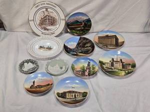 lot 53 image: Lot of Collectible Decorative Plates Featuring Rothschild Bros. Anniversary, Santa Barbara Mission, Spokanes Davenport Hotel, Arlington Hotel, and More