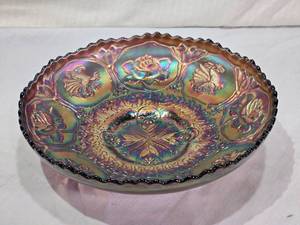 lot 56 image: Iridescent Dragon and Lotus Patterned Carnival Glass Bowl