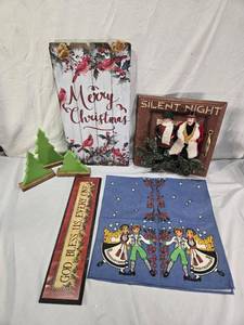 lot 59 image: Christmas Decor Lot including Silent Night Plaque, Merry Christmas Sign, and Green Wooden Trees