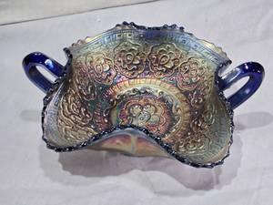 lot 62 image: Iridescent Blue Carnival Glass Bowl with Handles