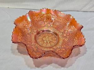 lot 67 image: Fenton Cherry Chain carnival glass bowl in a marigold color.