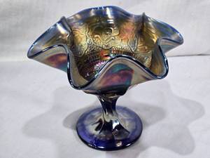 lot 73 image: Fenton Blue Carnival Glass Compote Either Persian Medallion or Holly Pattern