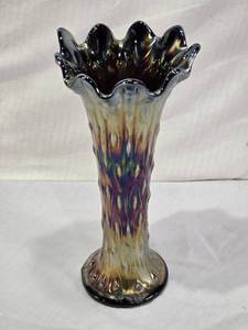 lot 75 image: Iridescent Carnival Glass Vase with Ruffled Edge Just over 10 Tall