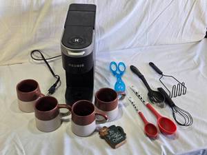 lot 100 image: Keurig Coffee Maker with Mugs and Kitchen Utensils