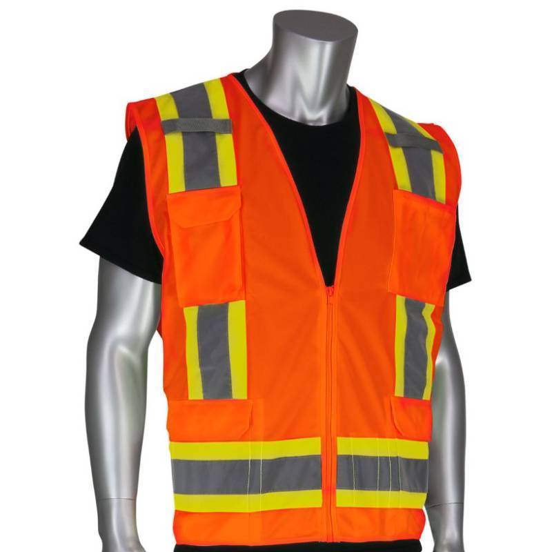 lot 702 image: NEW PIP 302-0500S Type R Class 2 Two-Tone Surveyor Solid Safety Vest - Orange - XXL