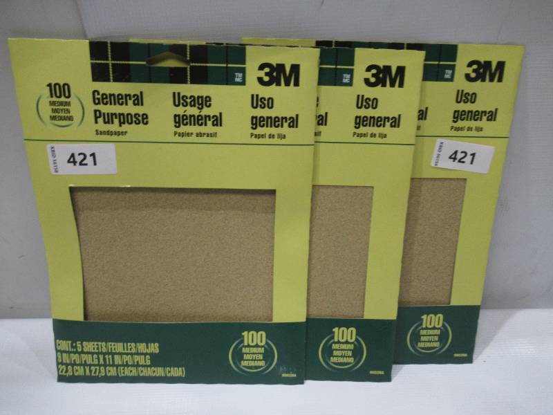 lot 423 image: NEW 3 Packs of 3M 11 in. L x 9 in. W Fine Aluminum Oxide Sandpapers 100 Grit - 5 Sheets per Pack
