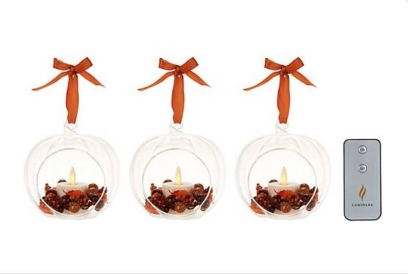 lot 392 image: Luminara Set of Three Glass Ornaments with Flameless Tealight Candle - Harvest
