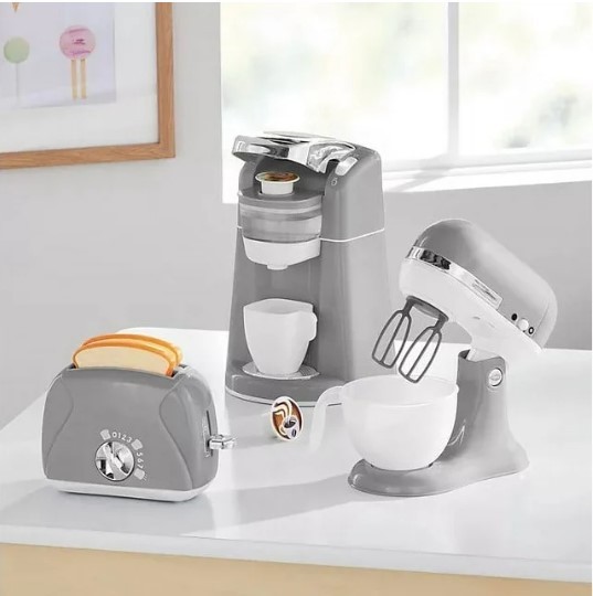 lot 399 image: NEW M.M 3-Pc. Gourmet Kitchen Appliance Set Realistic Sounds and Lights, Includes Coffee Maker, Mixer and Toaster