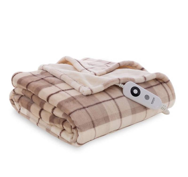 lot 418 image: NEW Berkshire Ultra Plush Heated Oversized Throw (60 X 70) - Natural Plaid