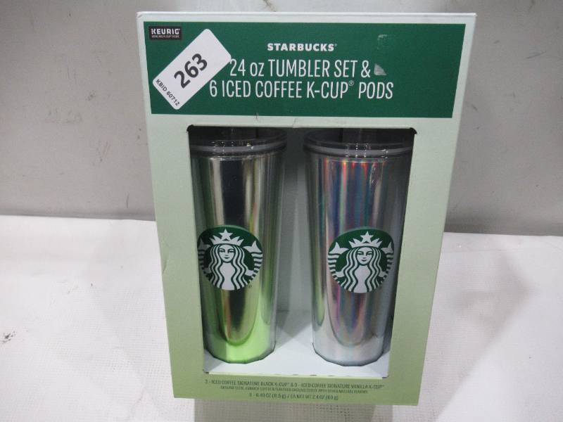 lot 324 image: NEW 24 oz Starbucks Tumbler Set with 6 Iced Coffee K-Cups, 2-count