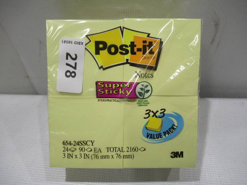 lot 278 image: NEW Post-it Notes Super Sticky Pads, 3 x 3, Canary Yellow, 24 Pads, 2,160 Total Sheets