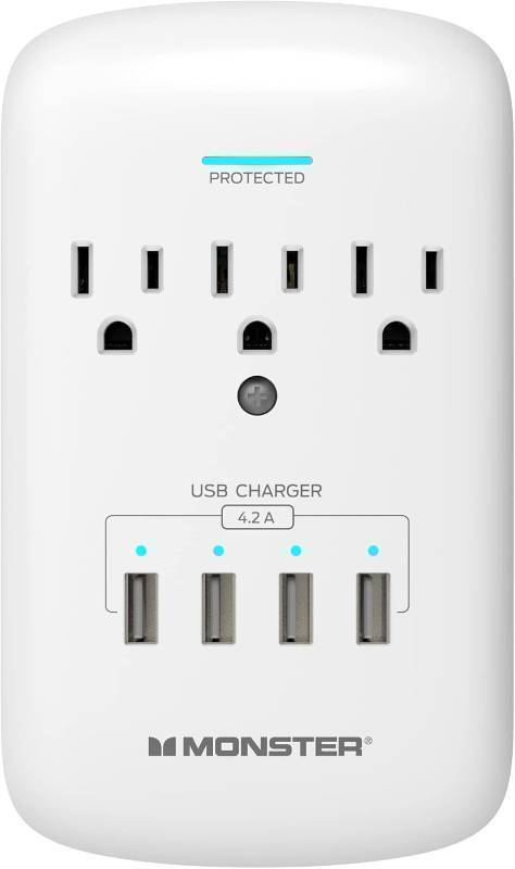 lot 226 image: Monster Wall Tap Plug 3-Outlet 4 USB Ports Extender with Outlet Surge Protector - WHITE