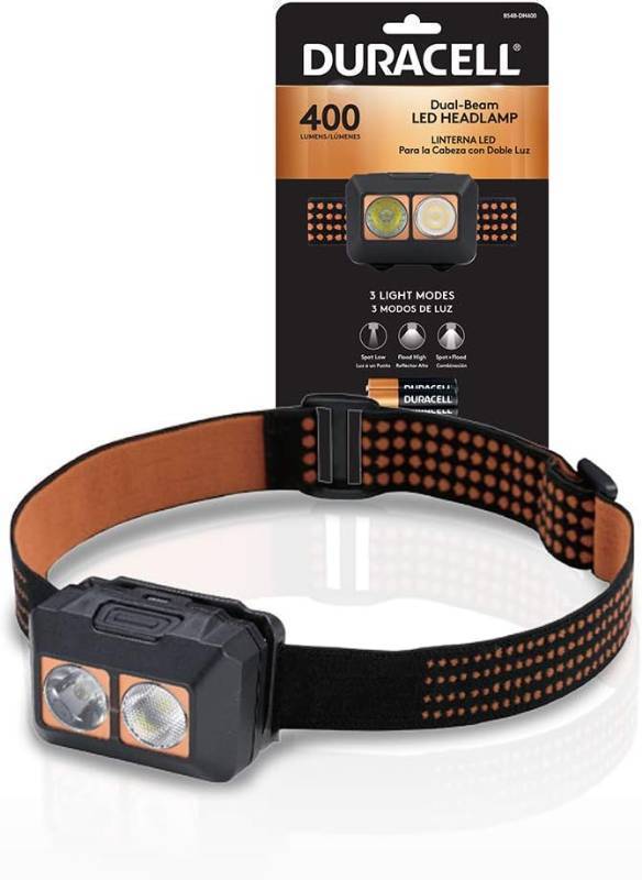 lot 243 image: Duracell 400 Lumen Dual-Beam LED Headlamp - Comfortable and Ultra-Strong Design with 3 Modes and 3-AAA Batteries Included.
