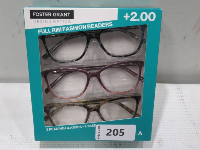 lot 205 image: NEW Design Optics by Foster Grant Cole Full Rim Rectangular Reading Glasses, 3-pack 2.00
