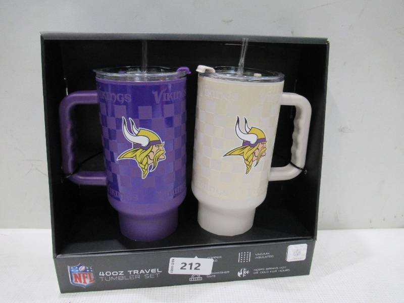 lot 212 image: NEW Logo Brands NFL 40 oz. x 2 pk. Insulated Tumblers - Minnesota Vikings
