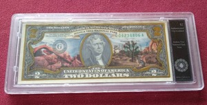 lot 112 image: Gorgeous Joshua Tree Painted Authentic $2 Note in Slab