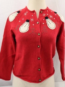 lot 287 image: Red Snowman Holiday Cardigan Sweater - Ramie Cotton Blend