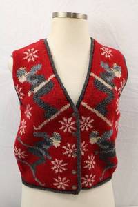 lot 298 image: Limited Handknit Red Wool Ski Sweater Vest Size L