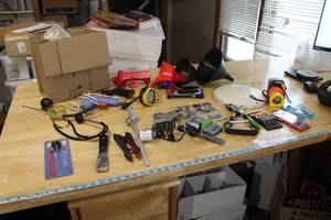 lot 215 image: Tool Collection, Locks, Tape Meausures LED Precision Knife Set Vintage Volkswagen Hubcap & more