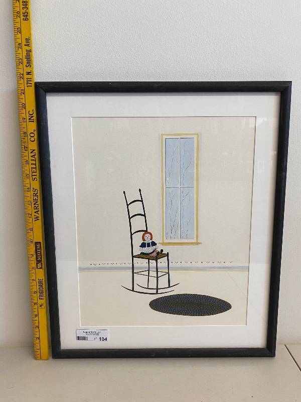 lot 94H image: Framed Artwork of Rag Doll on Ladder Back Chair