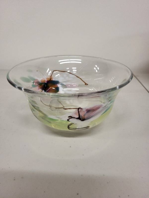 lot 105H image: Hand-Painted Glass Bowl with Floral Design, Signed