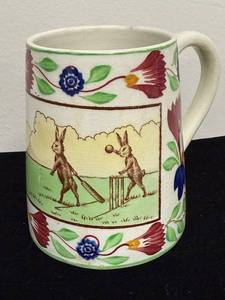 Antique Hand-Painted Stick Spatter Rabbit Ceramic Mug with Bunny Cricket Scene