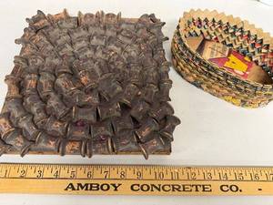 lot 6L image: Primitive Wood Spool Trivet and Woven Advertising Basket Set