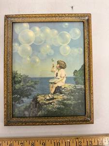 lot 7L image: Vintage Framed Print of Child Blowing Bubbles 9x7 Inch