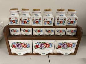 lot 5P image: Vintage Ceramic Spice Jar and Drawer Set with Wooden Rack
