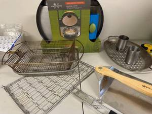 lot 7P image: Collection of Grill and Pizza Accessories Including Little Griddle, Baskets, Spatula, and Pizza Peel