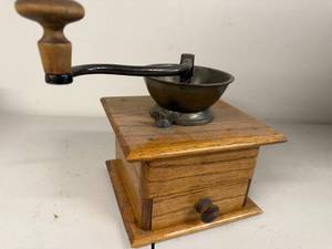 lot 9P image: Vintage Wooden Manual Coffee Grinder with Metal Bowl