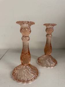 lot 14P image: Pair of Vintage Pink Depression Glass Candlestick Holders