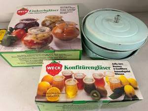 lot 19P image: Set of Weck Canning Jars, Vintage Blue Enamelware Baking Dish, and Cheesemaking Supplies