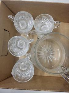 Pressed Glass Punch Bowl Set with 8 Cups and Pitcher