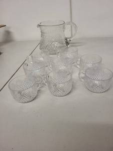 Pressed Glass Punch Bowl Set with 8 Cups and Pitcher