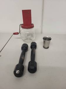 lot 2H image: Vintage Androck Nut Chopper, Pair of Dumbbells, and Pewter Shot Glass Set