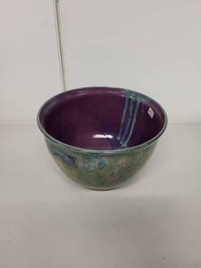 lot 7H image: Handmade Pottery Bowl with Purple Interior and Green Glaze, 8 Inch Diameter
