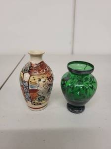 lot 18H image: Pair of Miniature Decorative Vases - Hand-Painted Ceramic and Green Glass
