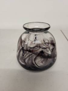 lot 25H image: Kosta Boda Cool Moon Hand Blown Art Glass Vase with Black and White Swirl Design, 4 in.