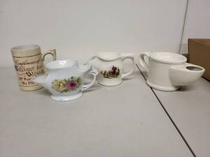 lot 28H image: Collection of 4 Vintage Ceramic Mugs and Mustache Cups with Decorative Designs