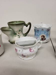 lot 31H image: Collection of 5 Antique Porcelain Shaving Mustache Cups with Hand-Painted Designs