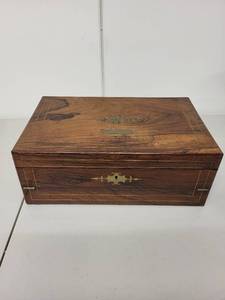 lot 39H image: Antique 19th Century Writing Slope Box with Inkwells and Brass Inlay