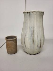 lot 43H image: Set of 2 Handmade Ceramic Vessels - Large White Vase and Small Stoneware Cup