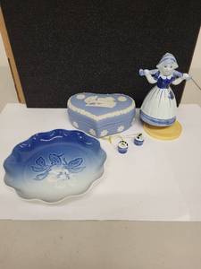 lot 50H image: Rare Collection of Boma Delfts Porcelain Collection Including Blauw Holland Figurine with Musical Base with buckets, , Wedgwood Heart Box, Blue Porcelain Dish