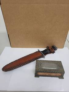 lot 64H image: Norwegian PERLETIN Metal Matchbox Holder and Vintage Fixed Blade Knife with Sheath