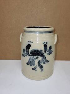 lot 67H image: Handcrafted Stoneware Crock with Blue Peafowl Design, Signed